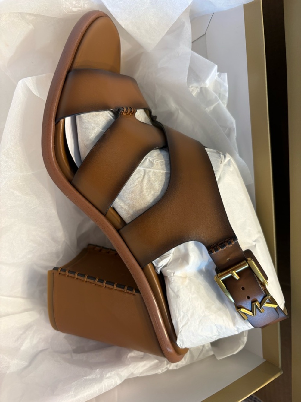 MICHAEL KORS Burnished Leather Sandal - Raven Blocked Heel Sandal - Brown - Picture 6 of 9